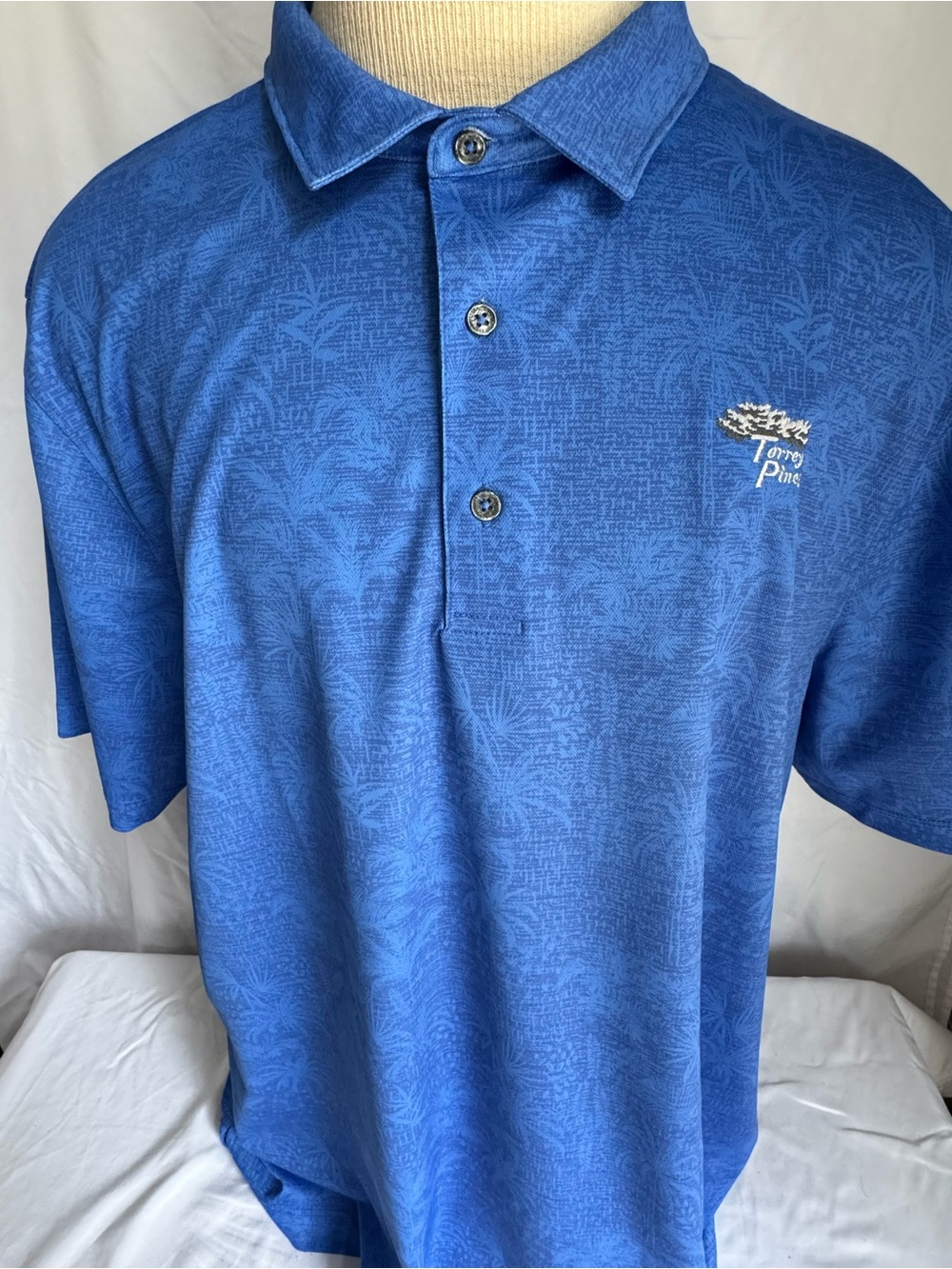 Bermuda Sands Torrey Pines Polo Mens XL Palm Print Blue Golf Shirt EUC